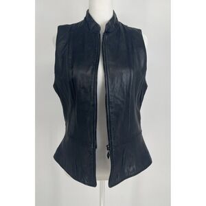 VTG Jacqueline Ferrari Women Leather Vest Soft Black Fitted Zip-Up Moto Sz 8